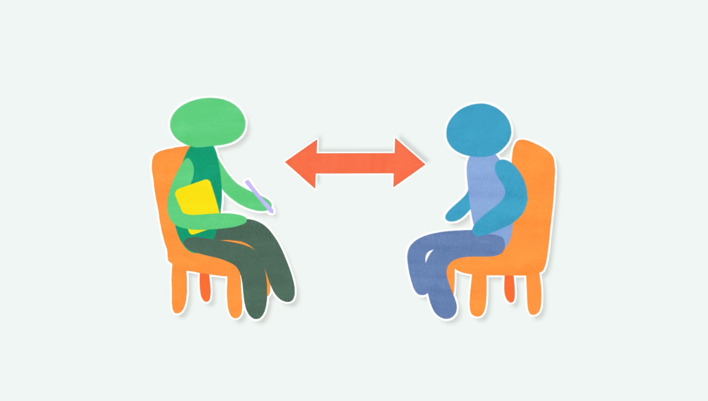 Cartoon-like illustration of 2 people seated talking to each other with a 2-directional arrow between them